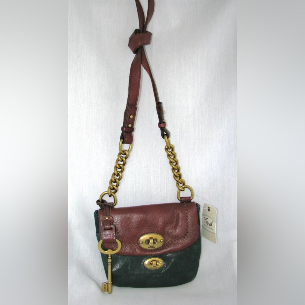 NWT RARE FOSSIL Mason green/brown leather mini shoulder bag multi flap and lock